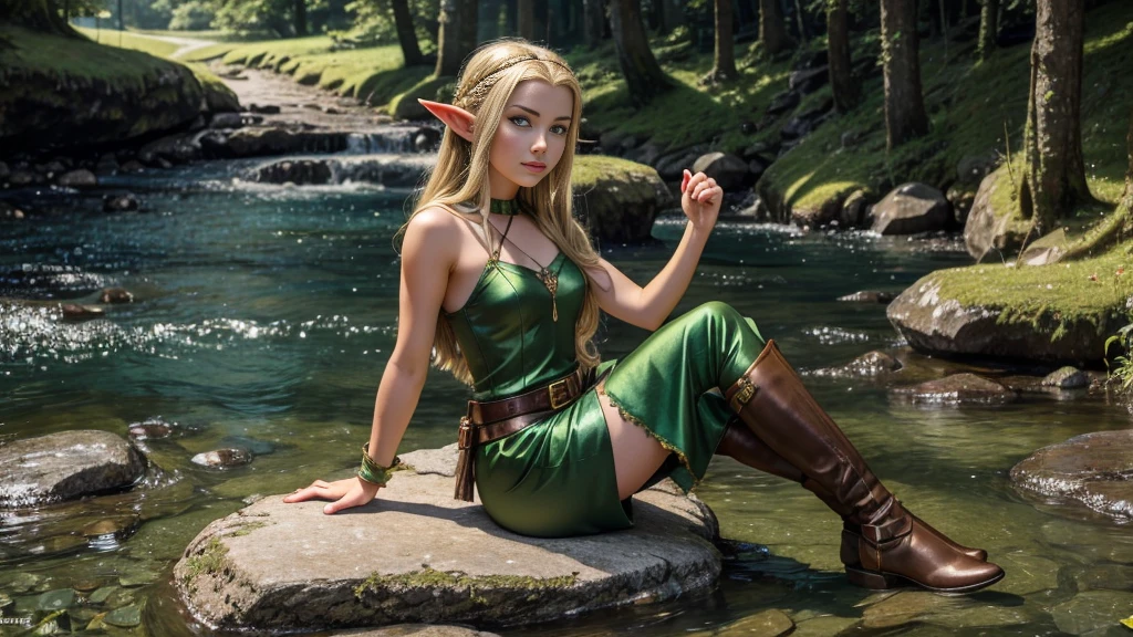 Photo of Arwen, a 15-year-old elf, 1.50 meters tall, weighing 39 kilos, small and light, light brown hair and blonde highlights, expressive green eyes and slightly pointed ears.  Arwen wears a sleeveless green silk selathemar with just a brown leather strap. He has a small dagger hanging from his belt. Wear brown shoes. She is sitting with her hands behind her on the edge of a crystal clear river.