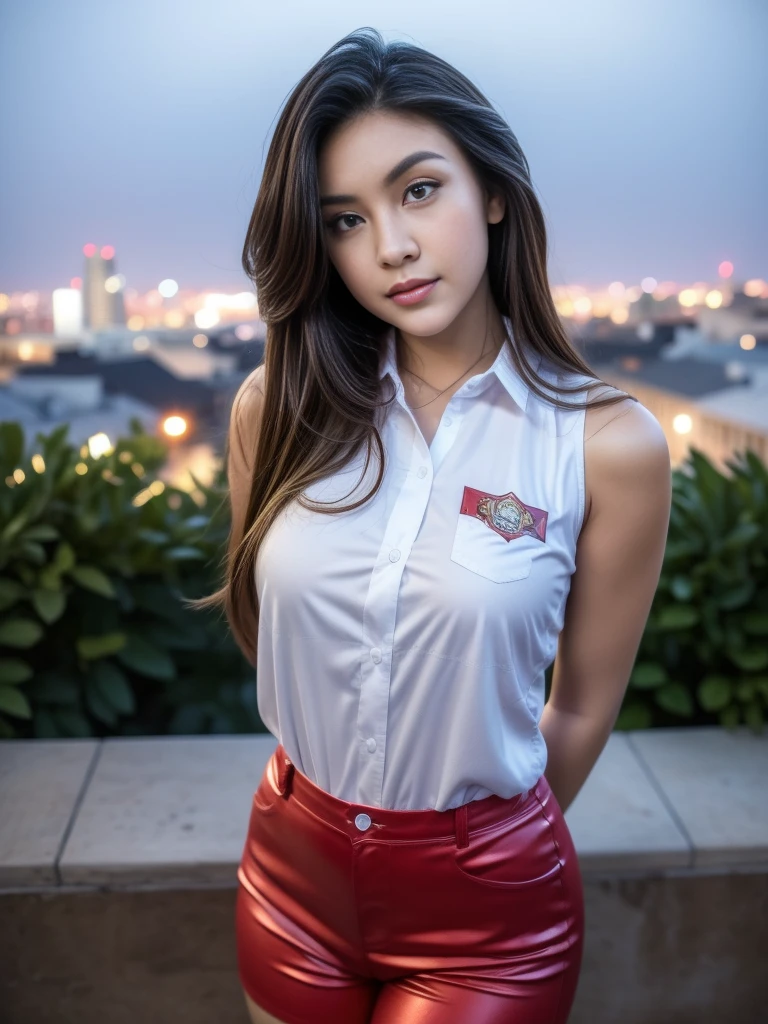 1girl, (uniform), standing, outdoors, night view, detailed Metropolitan city at the background, (above head shot: 1.4), detailed face, detailed eyes, brunette, big breasts, smooth realistic skin, semi-curvy body, red latex tanktop, red short latex pants, looking at the audience, (8k, RAW photo, best quality, masterpiece: 1.2), (realistic, realistic: 1.37), ultra-high resolution