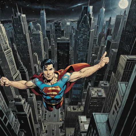 superman flying above metropolis, comics