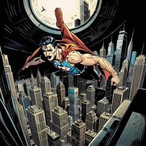 superman flying above metropolis, comics