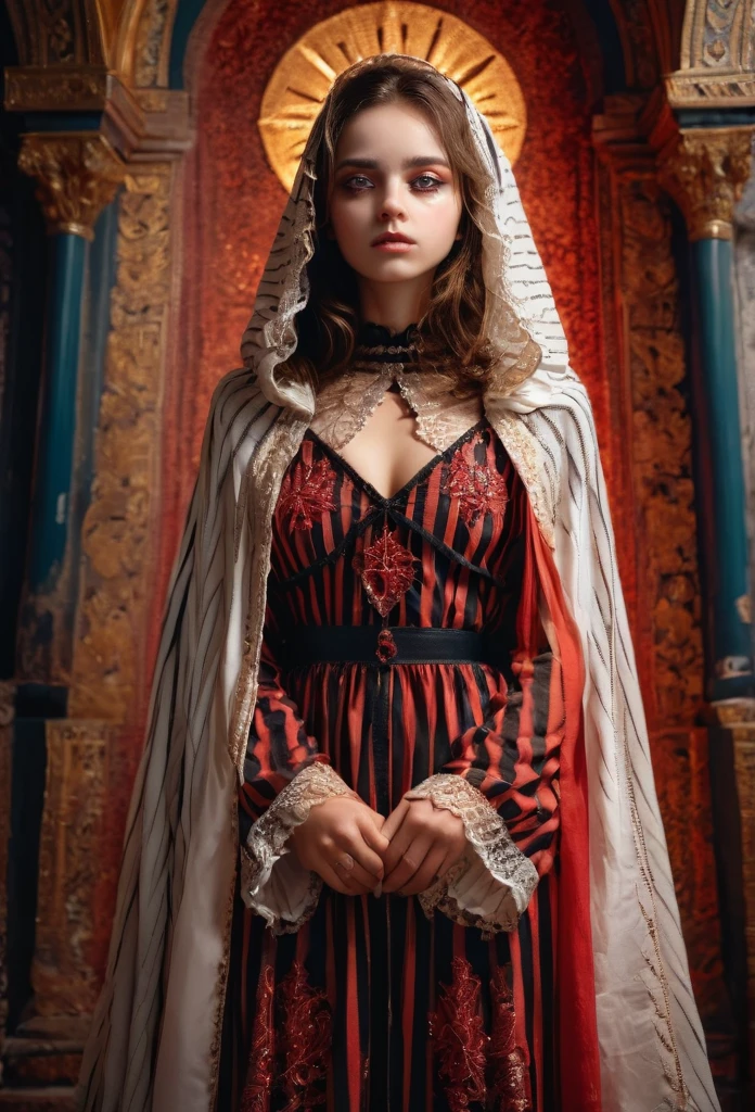 A beautiful young girl , religious woman wearing a cloak, fair skin Makeup, black stripes embroidered on the eyes , realisitic , background red, scar on the face, dress with golden lace ,arco de sol ao fundo , delalhes no rosto e na pele , vestido preto, 