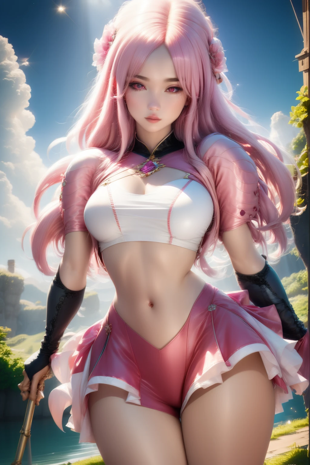 pnkdamond, pink hair, pink eyes,  Long hair,  stomach gem,  pink skin,  toned, 
puffy short sleeves, elbow gloves ,  white thighs,   Puffy dress, 
standing, Upper part of the body, 
 outer space,  
(incredibly detailed, beautiful detailed face,beautiful detailed eyes, masterpiece, Best Quality) cinematic lighting,  smile, 
 