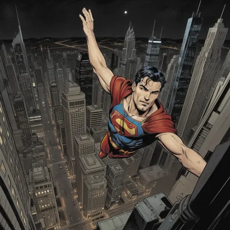 superman flying above metropolis, comics