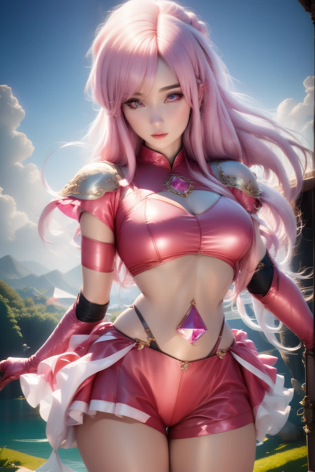 pnkdamond, pink hair, pink eyes,  Long hair,  stomach gem,  pink skin,  toned, 
puffy short sleeves, elbow gloves ,  white thighs,   Puffy dress, 
standing, Upper part of the body, 
 outer space,  
(incredibly detailed, beautiful detailed face,beautiful detailed eyes, masterpiece, Best Quality) cinematic lighting,  smile, 
 