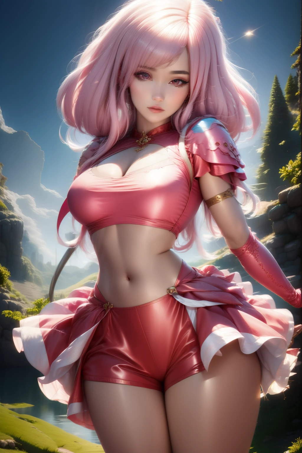 pnkdamond, pink hair, pink eyes,  Long hair,  stomach gem,  pink skin,  toned, 
puffy short sleeves, elbow gloves ,  white thighs,   Puffy dress, 
standing, Upper part of the body, 
 outer space,  
(incredibly detailed, beautiful detailed face,beautiful detailed eyes, masterpiece, Best Quality) cinematic lighting,  smile, 
 