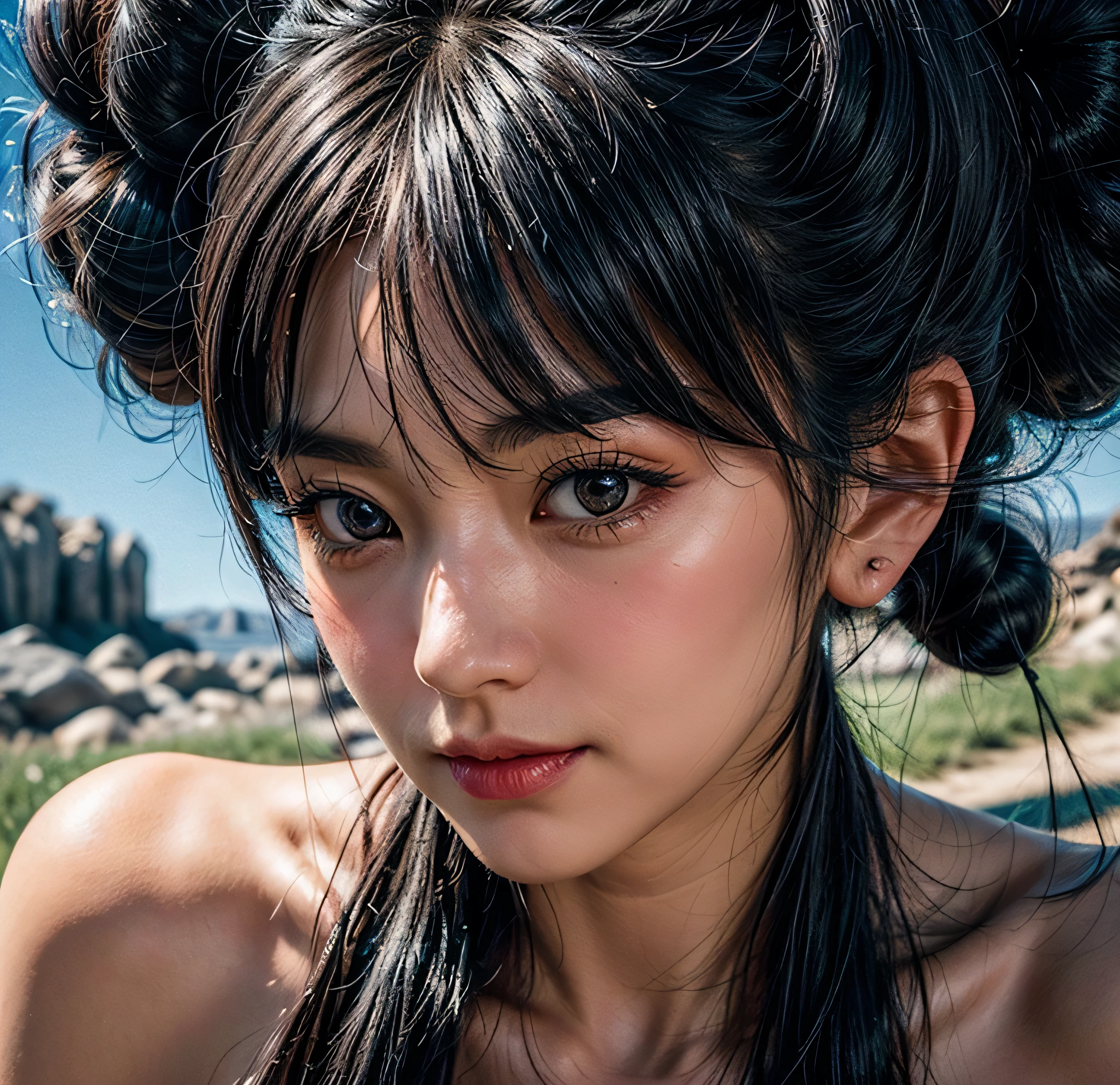 black hair, hair pompoms, shudder, long eyelashes, solid circle eyes, normal ears, fully nude, slight smile, ear blush, fang, precise, surrealism, drop shadow, anaglyph, stereogram, tachi-e, pov, atmospheric perspective, 8k, super detail, best quality