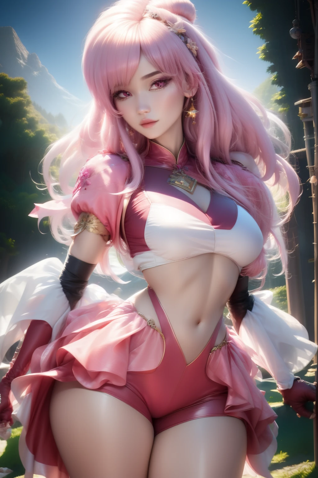 pnkdamond, pink hair, pink eyes,  Long hair,  stomach gem,  pink skin,  toned, 
puffy short sleeves, elbow gloves ,  white thighs,   Puffy dress, 
standing, Upper part of the body, 
 outer space,  
(incredibly detailed, beautiful detailed face,beautiful detailed eyes, masterpiece, Best Quality) cinematic lighting,  smile, 
 