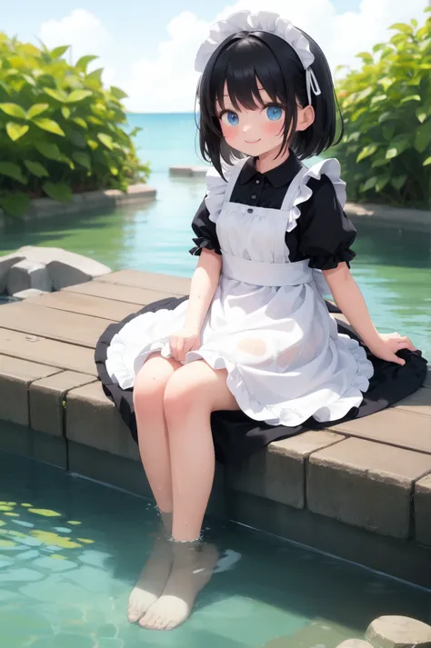 Maid dress, water, sitting, blue eyes, black hair, puffy sleeves, dress, blush, smile, young, solo, young, short sleeved, master...