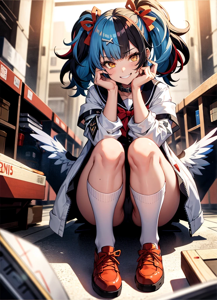 Seishonagon, One Girl, alone, Yellow Eyes, Twin tails, alone, Blue Hair, multicoloRedhead, Black Hair, Redhead, Jacket, collar, Seraphim, sailor collar, bow tie, Red Bow, heart, Black socks, Knee socks, Red footwear, Nail Polish Break,Upper Body,Bright classroom,(squat,Leg spread),Spread your legs,Wicked Smile,Panty shot,Headrest,Focus on the crotch