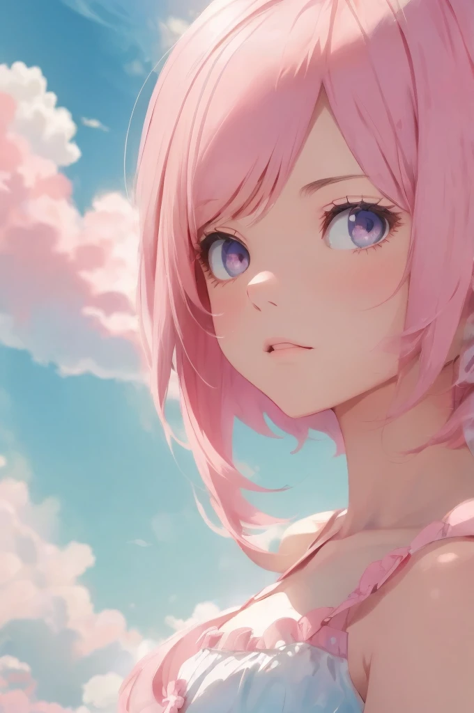 Absurd, High resolution, Very detailed, A beautiful girl merged into a pink cloud floating in the sky, Bob cut blended into the clouds, (Hold Pink Cloud), sy3, de luz, Pale pink style, Pale colors, Bright colors, Fantasy watercolor style, Soft Blending, A dreamy, romantic wash, Refreshing texture