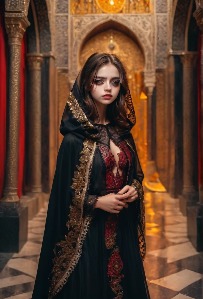 A beautiful young girl , religious woman wearing a cloak, fair skin Makeup, black stripes embroidered on the eyes , realisitic , background red, scar on the face, dress with golden lace ,arco de sol ao fundo , delalhes , vestido preto, chorando ,boca levemente aberta, mãos dadas orando 