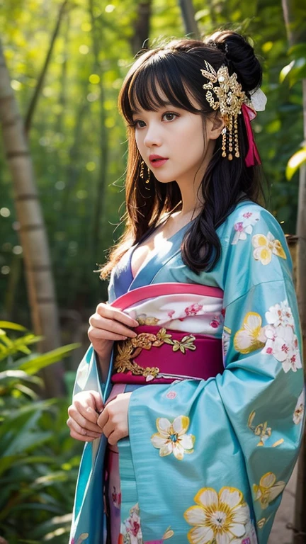 Highest quality、Masterpiece、8k,uhd.Orange Kimono、Beautiful Japanese Women、Incredibly beautiful face、Skin with attention to detail、２２age、Classic Kimono、Big Eyes、Small Mouth、Cleavage、sfw,Facing forward、bamboo forest、full body.