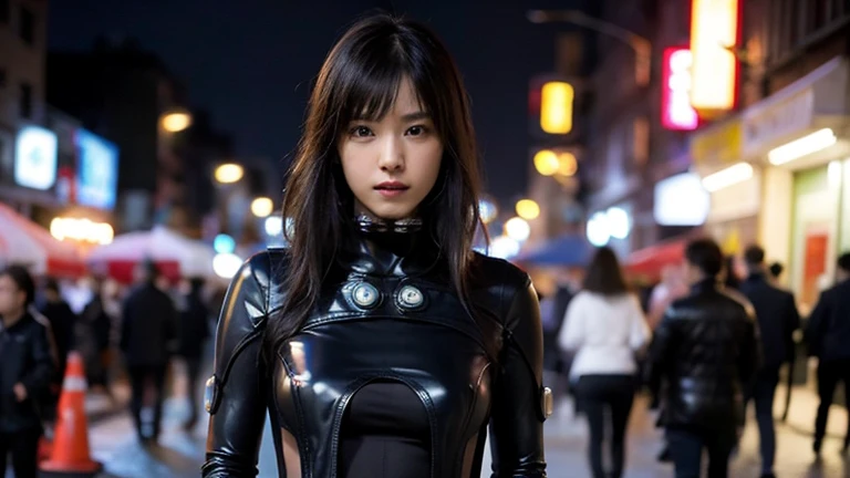 Girl on the street, night, It rains, Cyberpunk City Background, Rainy Street, Cinematic, Bodysuits, Black gloves, Reika Ganz, Under the chest, Black latex sleeves, Exposing the stomach and thighs, Long black hair, Leg Straps, Beautiful Face, Beautiful Lips, Stylish woman, high quality, Insane Details, Professional Lighting, Cool pose, Cinematic, 8k wallpaper, Super detailed、Perfect body、1 female