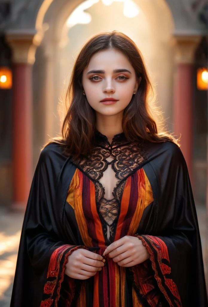 a beautiful young girl, religious woman wearing a cloak, fair skin, black stripes embroidered on the eyes, realistic, background red, scar on the face, dress with golden lace, arco de sol ao fundo, delalhes, vestido preto, chorando, boca levemente aberta, mãos dadas orando, (best quality,4k,8k,highres,masterpiece:1.2),ultra-detailed,(realistic,photorealistic,photo-realistic:1.37),HDR,UHD,studio lighting,ultra-fine painting,sharp focus,physically-based rendering,extreme detail description,professional,vivid colors,bokeh,portraits