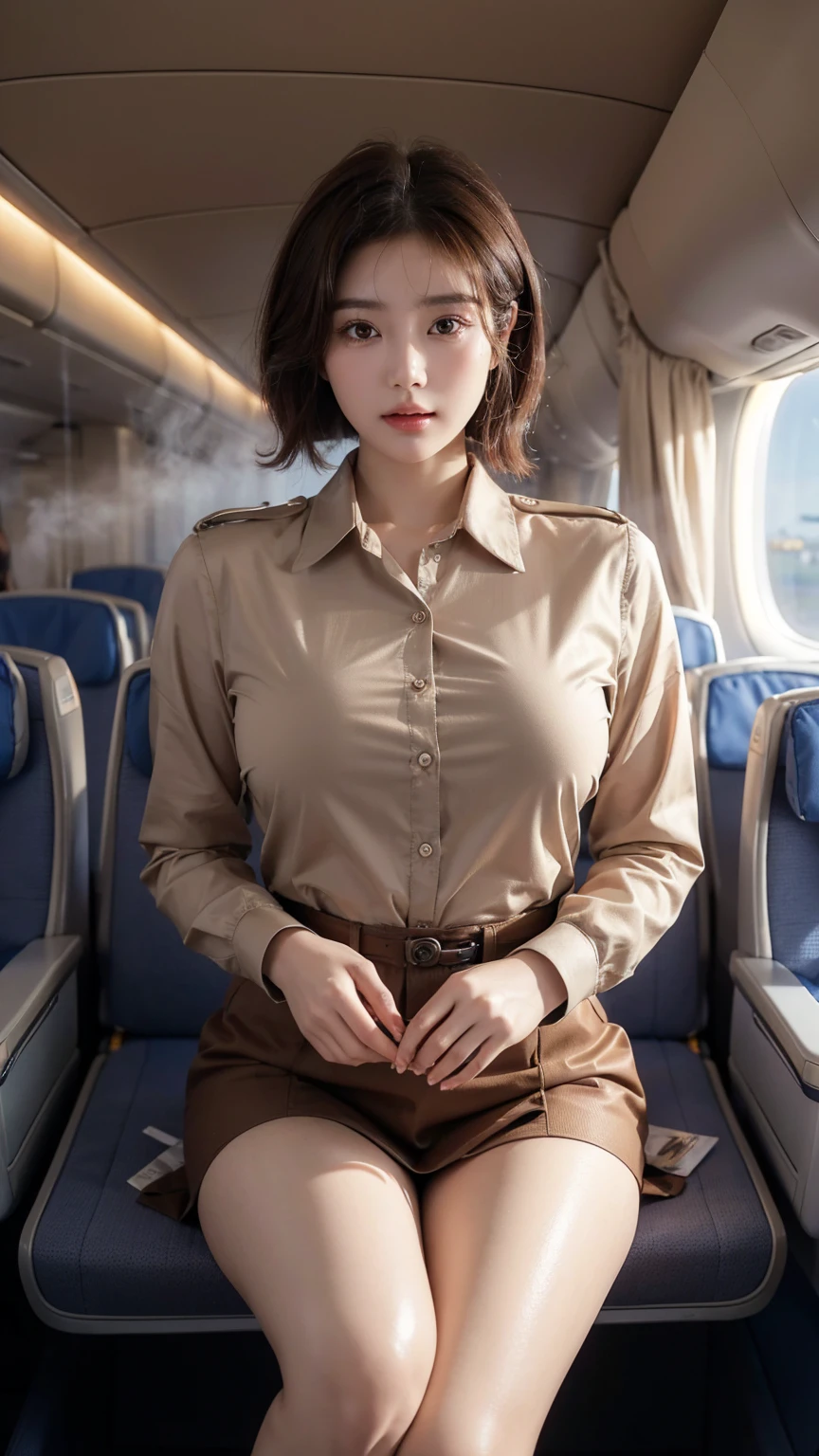 1 woman, 20 years old、overly detailed face、detailed lips、eye for detail、double eyelid、with a round face、(brown bob hair、Like an airplane stewardess々do a good job)、(stewardess uniform:1.2)、(glamorous body)、(huge breasts)、(Humidification:1.3), laugh、thighs thighs thighs thighs, perfect fit, Perfect image realism, background: (Business class aisle on airplanes:1.2), cowboy shot, 세심한 background, detailed costumes, perfect reading、surrealism、(realistic:1.4)、8K maximum resolution, (masterpiece), very detailed, professional