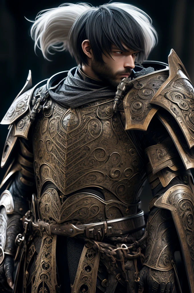 (Artwork, best quality, face perfect, expressive eyes), Black Knight Armor, black leather cover, Intricate details, black breastplate, a male anime,single character, short black hair with white highlights, barba, visual novel sprite, detailed black armor, high qualiy, cinematic, dramatic pose, Intricate details, swirly vibrant colors, Artwork, impacto genshin. 