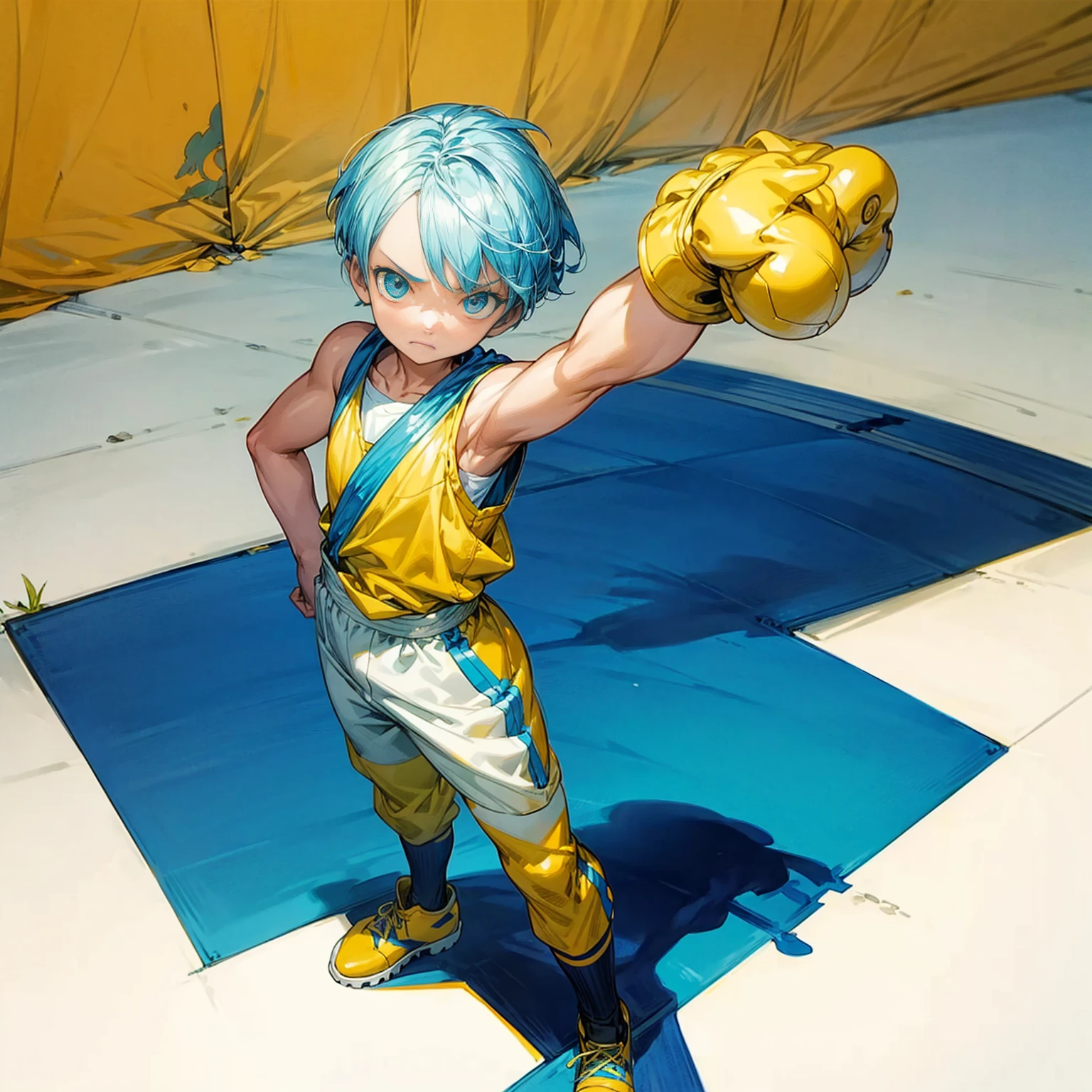 Solo character, kid boy, Full body version, blue half white colour hair, short haircut, yellow sleeveless shirt, blue track pants, football boots, Grassroots, background white simple, standing gesture, shadow, (one piece style art)