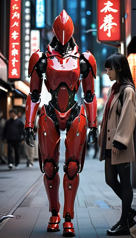 girl walking on the street holding a phone texting, , walking next to a highly detailed and realistic samurai robot bodyguard wi...