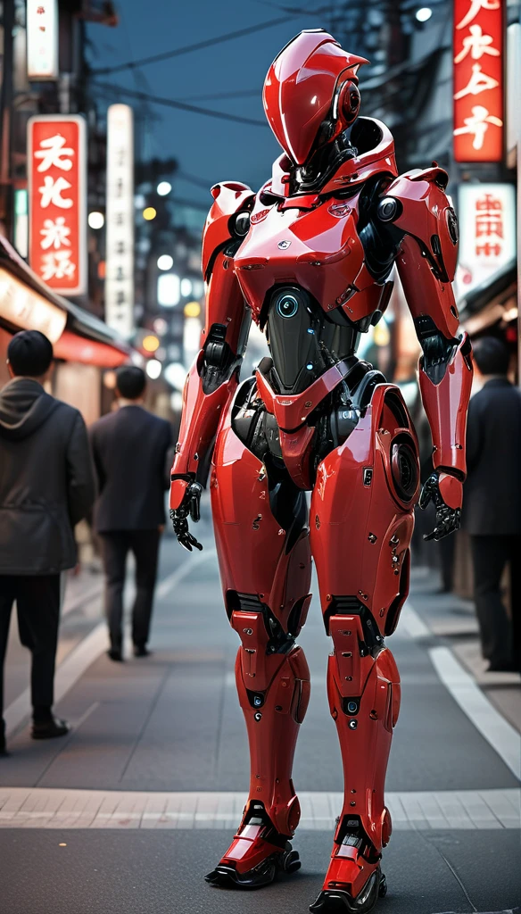 Girl walking on the street holding a phone texting, , walking next to a highly detailed and realistic samurai robot bodyguard with humanoid features. The setting is an urban street that appears to be in Japan, with a background of bright city lights and signs.red suit, The contrast between traditional clothing and futuristic robots will be striking, emphasizing the blend of historical culture with cutting-edge technology.