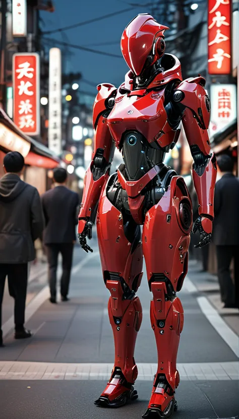 girl walking on the street holding a phone texting, , walking next to a highly detailed and realistic samurai robot bodyguard wi...