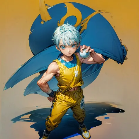 solo character, kid boy, full body version, blue half white colour hair, short haircut, yellow sleeveless shirt, blue track pant...