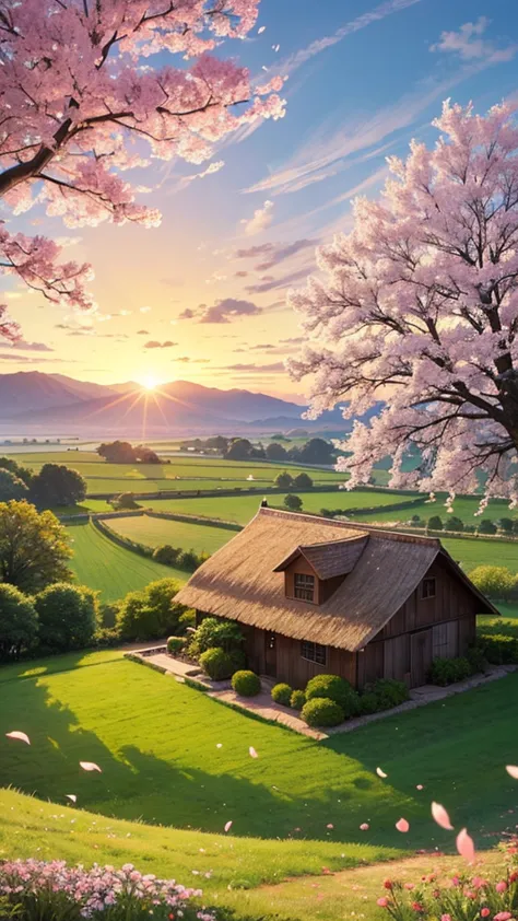 A tranquil countryside scene at sunrise, perfect for an anime setting. The scene features a calm, expansive field with dew-cover...