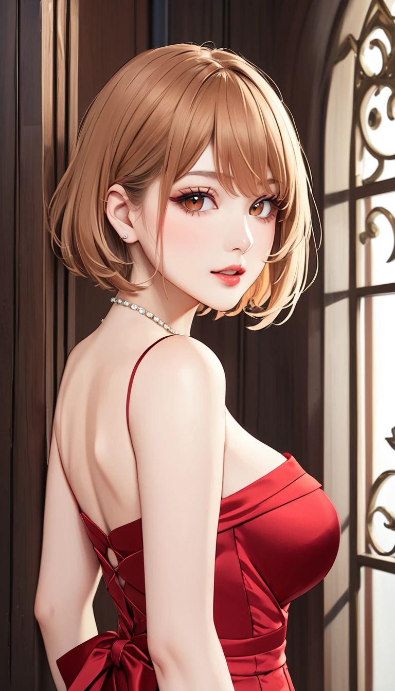 Beauty、Light brown hair、short hair、Red evening dress、