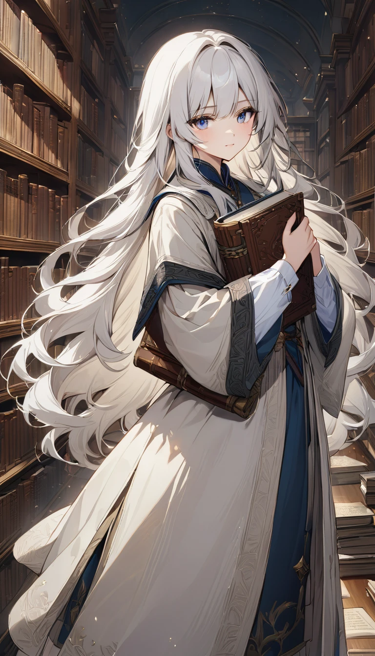 **68. One person。mysterious。Long-haired white-haired girl。Cowboy shot or close-up。 masterpiece , best quality , ultra detailed** - background: Old Library、Countless books lined up。 - Long-haired white-haired girl: Delicately drawn scholar-style outfit、Transparent Eyes。He holds an old scroll in his hand。 - Effects: Light emanating from the scroll、The aura of knowledge in the library。