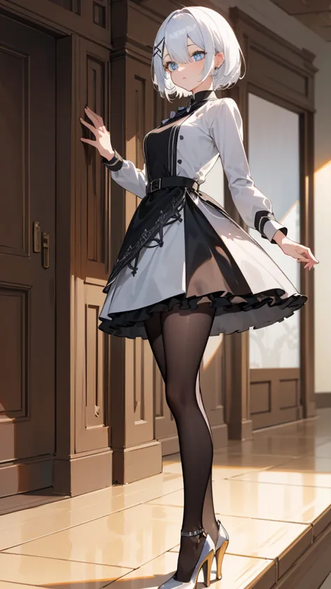 white hair, blue eyes, x hair ornament,
break ((thighs, black tights),(high heels), ultra detailed and pretty dress from luxury ...