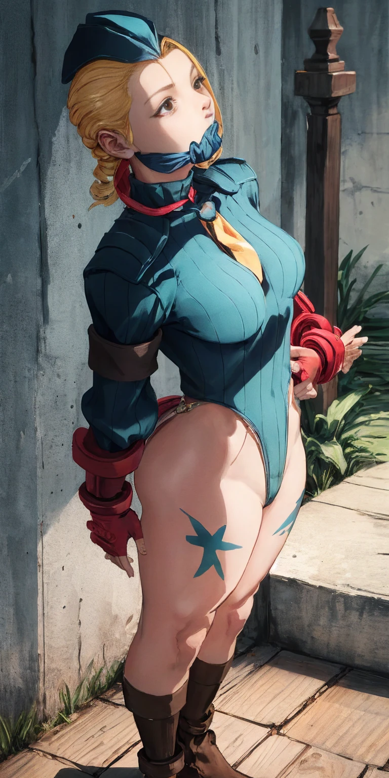 (masterpiece, best quality), intricate details, 1sologirl Cammy White from Street Fighter (standing full body toe to head by wooden pole:1.2) iron collar, arms behind back, iron cuffs, shackles, bound, bondage outfit, harness, o-ring, bondage outfit blindfolded cover eyes, happy red cheeks, chain leash collar choker neck bell shackles wristbands bracers bracelets, cleave gag