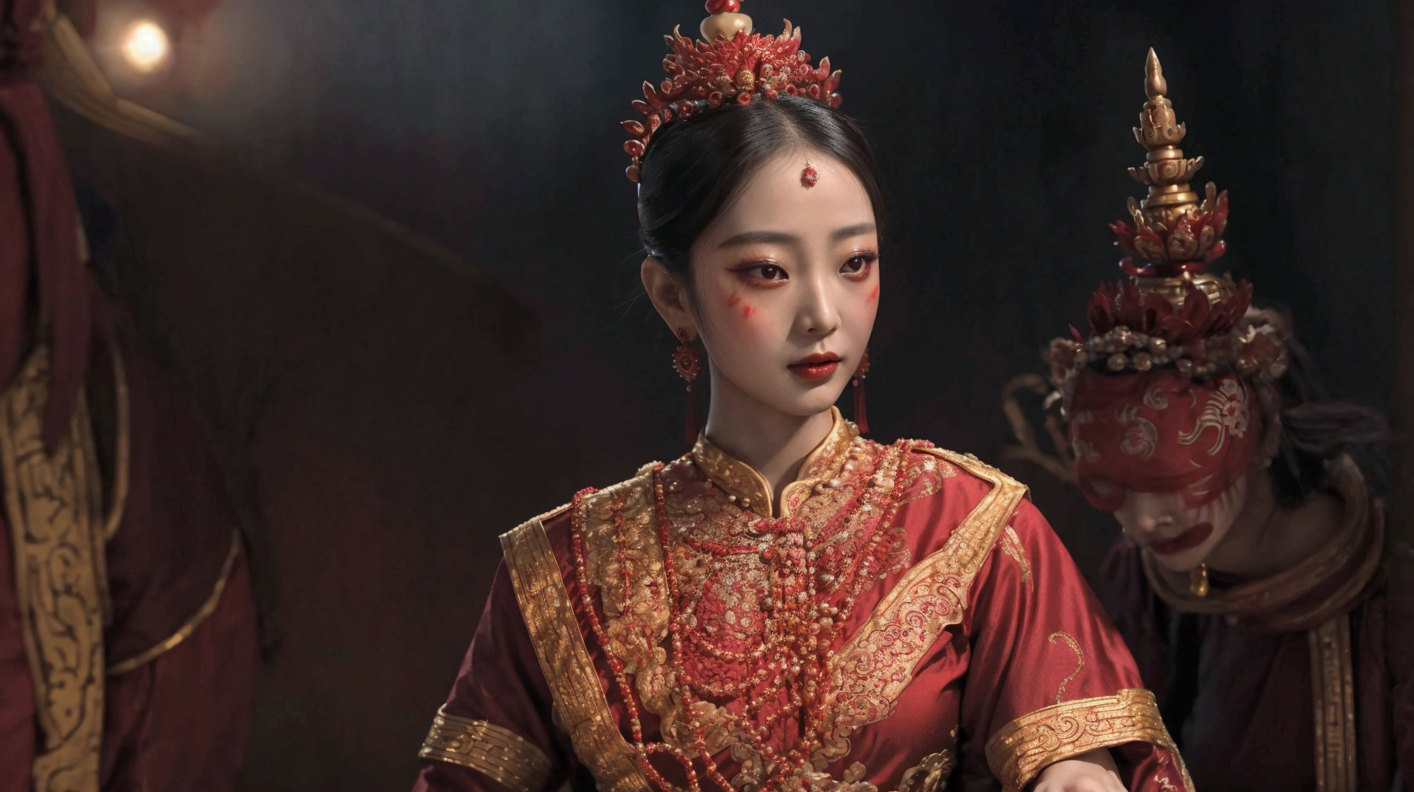 arafed woman in a red and gold dress with a crown, ancient asian dynasty princess, ancient chinese princess, chinese princess, palace ， a girl in hanfu, inspired by Lan Ying, south east asian with round face, traditional beauty, wearing ancient chinese clothes, a beautiful fantasy empress, sukhothai costume, cinematic goddess close shot, cinematic goddess shot