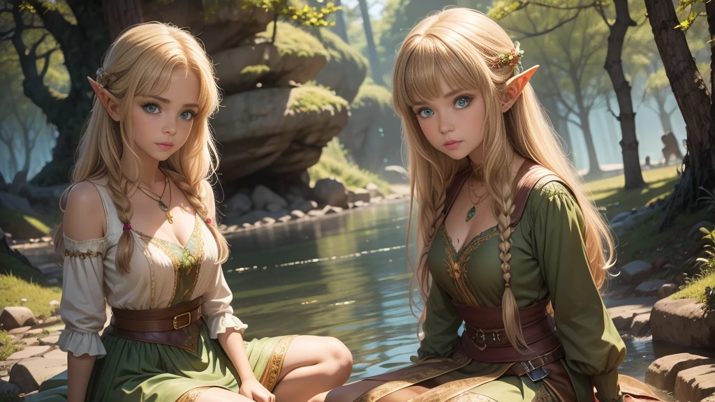 Create a detailed illustration of a character named Mia in a magical forest setting. Mia is a young half-human, half-elf woman with the following characteristics: Hair: Light brown with golden highlights, long and slightly wavy. Eyes: Green, with a touch of shine. Ears: Slightly pointed, reflecting his elven heritage. Clothing: She wears a green and brown outfit made from natural materials, adorned with leaves and flowers. His costume is light and allows ease of movement, with a touch of magical elegance. Accessories: She wears a delicate necklace with a sparkling crystal pendant. Pose: Mia is sitting next to a crystal clear lake. She has a serene, relaxed expression on her face.