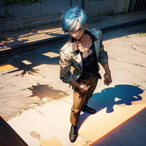 solo character, young boy, full body version, blue half white colour hair, short haircut, black shirt, brown trousers, shoes, no...