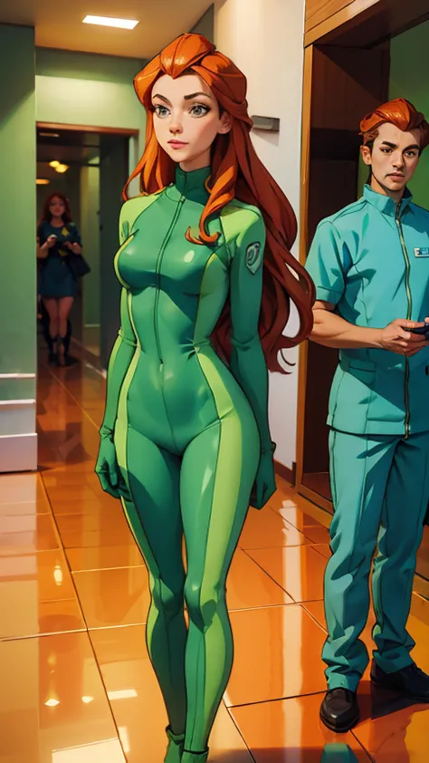 ((full body photo, standing, on the floor))  sam \(totally spies\), orange hair, long hair, green eyes, green body suit, surpris...