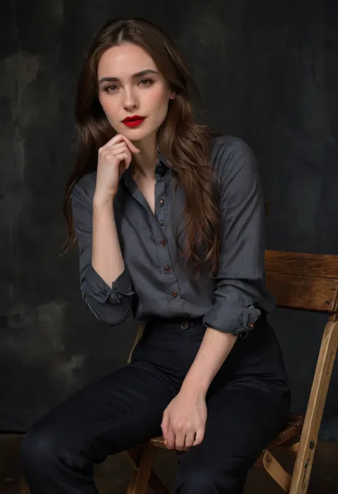 A woman with fair skin, red lipstick, and long brown hair, wearing a dark gray button-up shirt and dark pants, seated on a woode...