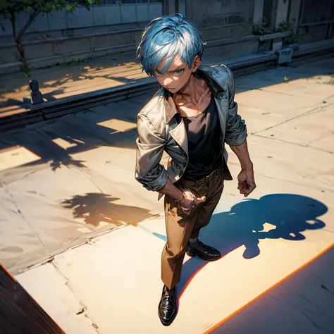 solo character, young boy, full body version, blue half white colour hair, short haircut, black shirt, brown trousers, shoes, no...