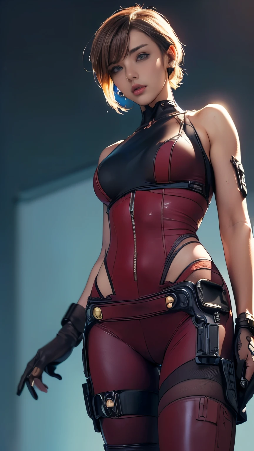 (A woman),(((A female member of the Future Force stands))),((maroon tactical high leg bodysuit:1.5)),((earphone:1.5)),((Tactical Holster:1.5)),(Gloves:1.5),(Serious:1.5),(Super short hair:1.5),(beautiful eyes:1.3),(Very detailedな顔:1.5),((Very detailed drawing of a female hand:1.5)),(((muscular:1.5))),((Sexy appearance:1.5)),((Thick thighs:1.5)),(Beautiful Body:1.5),((Very sensual:1.5)),(The backdrop is a futuristic city:1.5),(Cyberpunk atmosphere:1.5),(((Blurred Background:1.5))),(Written border depth:1.5),rest(((masterpiece:1.5),(best quality:1.5),(Very detailed:1.5),(high resolution:1.5),(Practical:1.5),(Practical:1.5),(Delicate depiction),(Carefully drawn))),8k,wallpaper, (((camel toe1.5))),(from below:1.2)