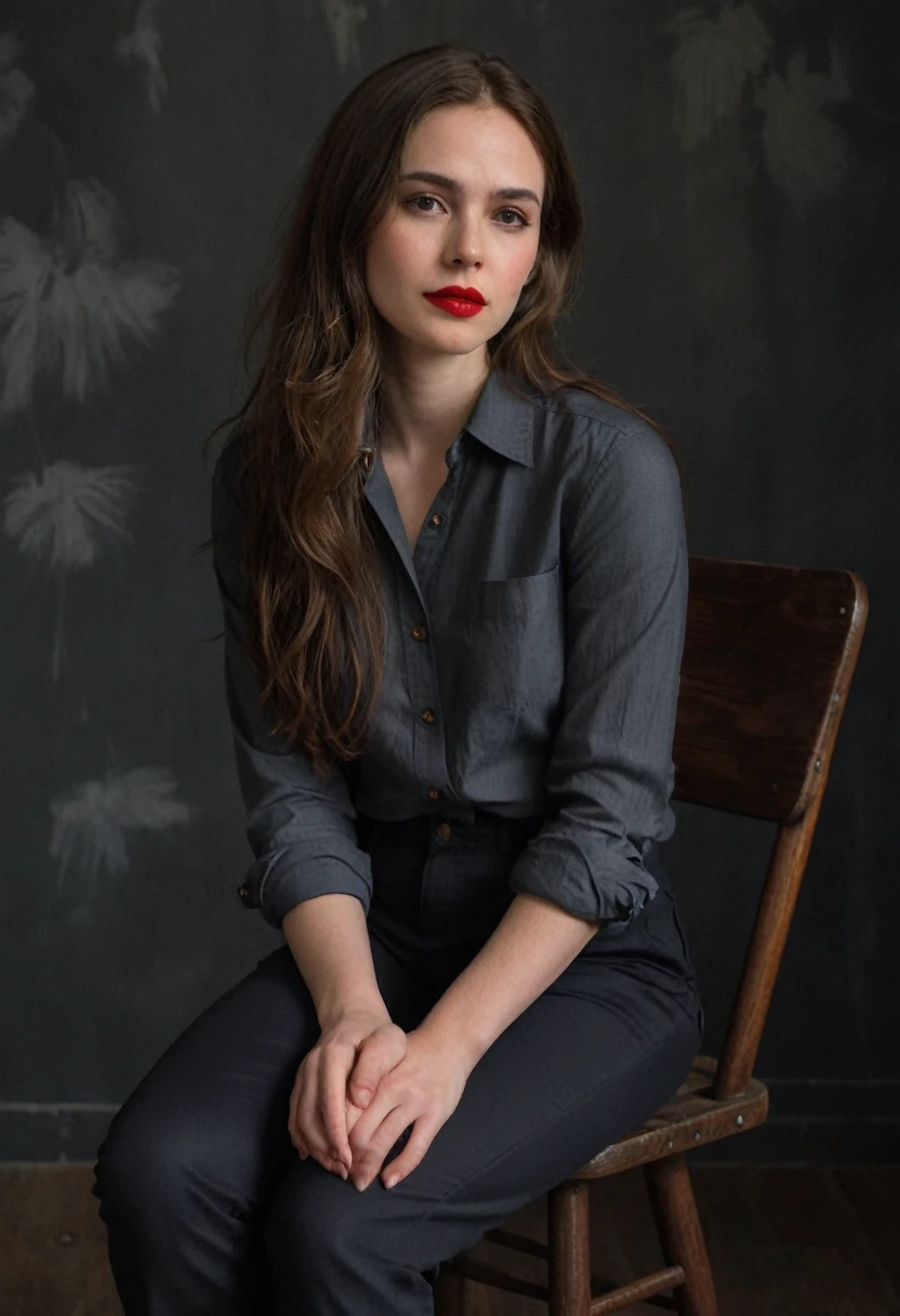 A woman with fair skin, red lipstick, and long brown hair, wearing a dark gray button-up shirt and dark pants, seated on a wooden chair, left elbow on knee and hand touching chin, looking directly at the camera with a thoughtful expression, against a dark background.