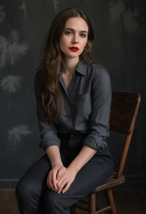 A woman with fair skin, red lipstick, and long brown hair, wearing a dark gray button-up shirt and dark pants, seated on a woode...