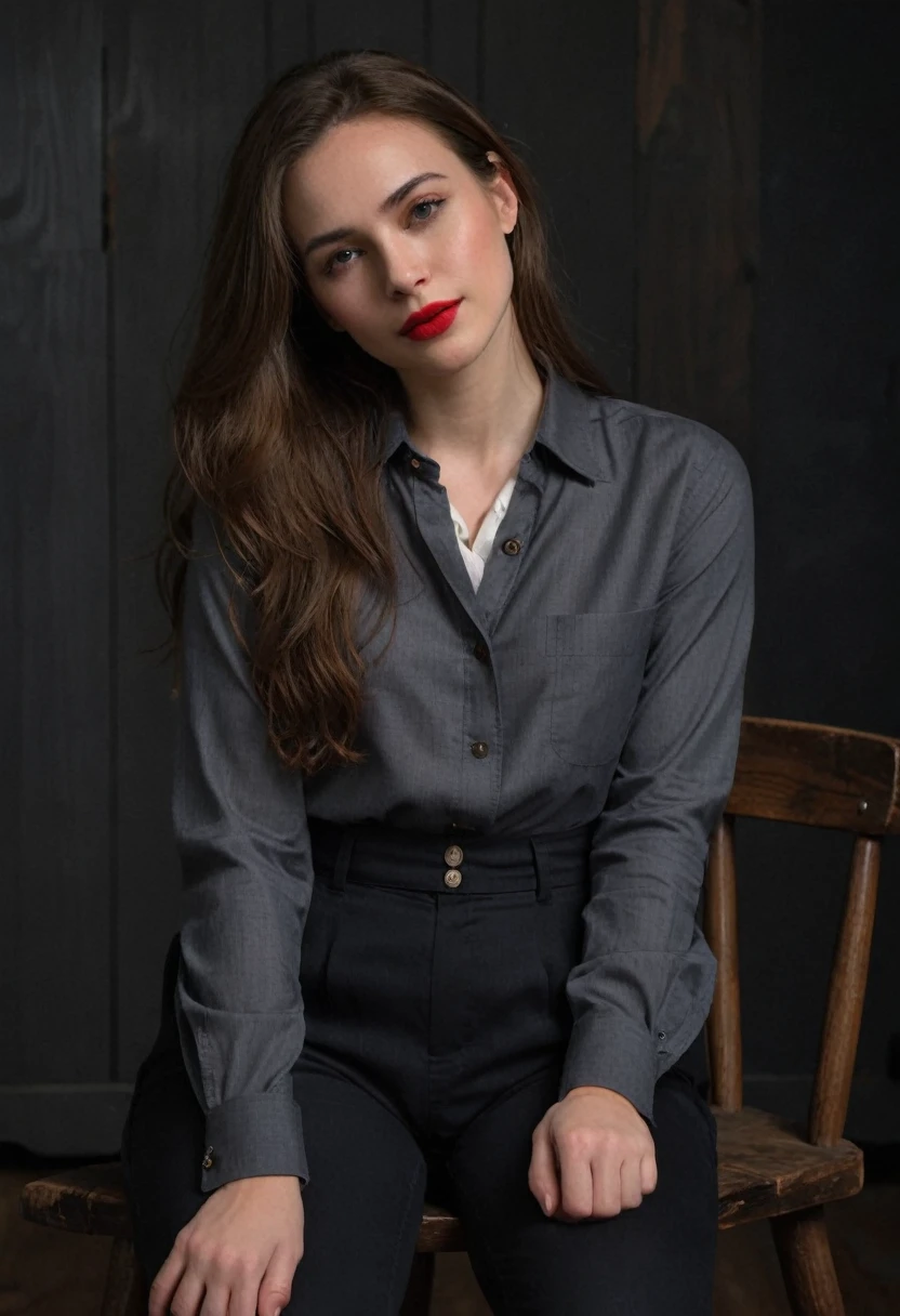 A woman with fair skin, red lipstick, and long brown hair, wearing a dark gray button-up shirt and dark pants, seated on a wooden chair, left elbow on knee and hand touching chin, looking directly at the camera with a thoughtful expression, against a dark background.