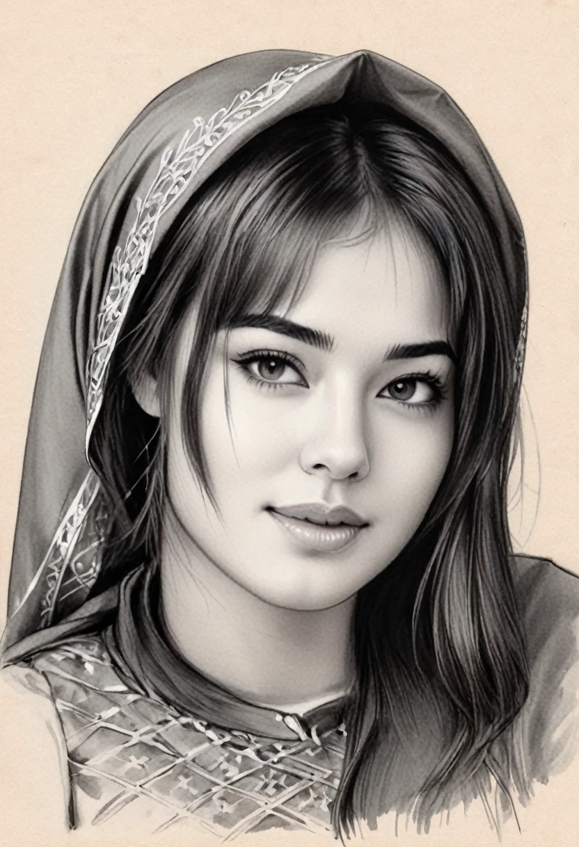 drawing of a woman, realistic sketch, hyperrealistic sketch, detailed pencil sketch, pencil sketch, realistic digital drawing, detailed sketch drawing, highly detailed portrait, detailed 4 k drawing, pencil draw, highly detailed sketch, realistic drawing, extremely detailed portrait, detailed but rough, pencil drawing illustration, realism drawing, detailed sketch, sketch art,((high quality, masterpiece:1.4)), 1girl, ((upper body)), portrait sketch, messy drawing, messy charcoal spots, unfinished sketch, sketchbook charcoal style drawing of a woman, sketchbook drawing, sketchbook, beautiful hair, medium short hair, beautiful face, symmetrical face, symmetrical eyes, ((paper material background)), realistic charcoal lines, imperfect drawing, charcoal crumbs, charcoal lines, imperfections, african american woman wearing an ornated veil, muslim, realistic