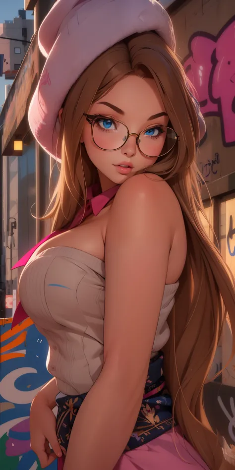 best quality, ultra-detailed, photorealistic: 1.39) masterpiece, best quality, beautiful girl, light brown hair, stylish glasses...