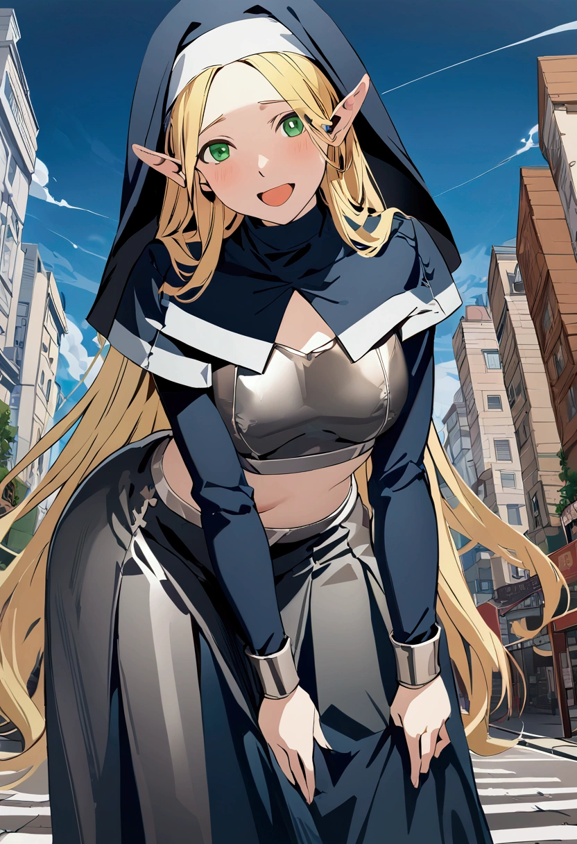 masterpiece, best quality, extremely detailed, illustration, 8k cg wallpaper, stunning art, absurdres, ultra high res, a girl, nun hat, smile, open mouth, metallic armored bikini, bare clavicle, (bent over:0.8), cowboy shot, city,elf,blonde hair,long hair, nsfw,