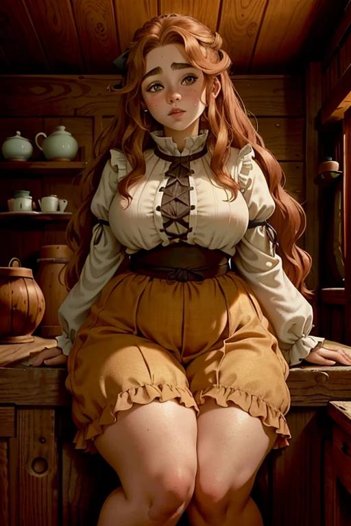 1 chubby female dwarf, long wavy ginger hair, thick eyebrows, dark brown eyes, freckled face, plump lips, round face, wearing modest peasant clothes, large bust, broad hips, innocent gaze, rustic cabin setting