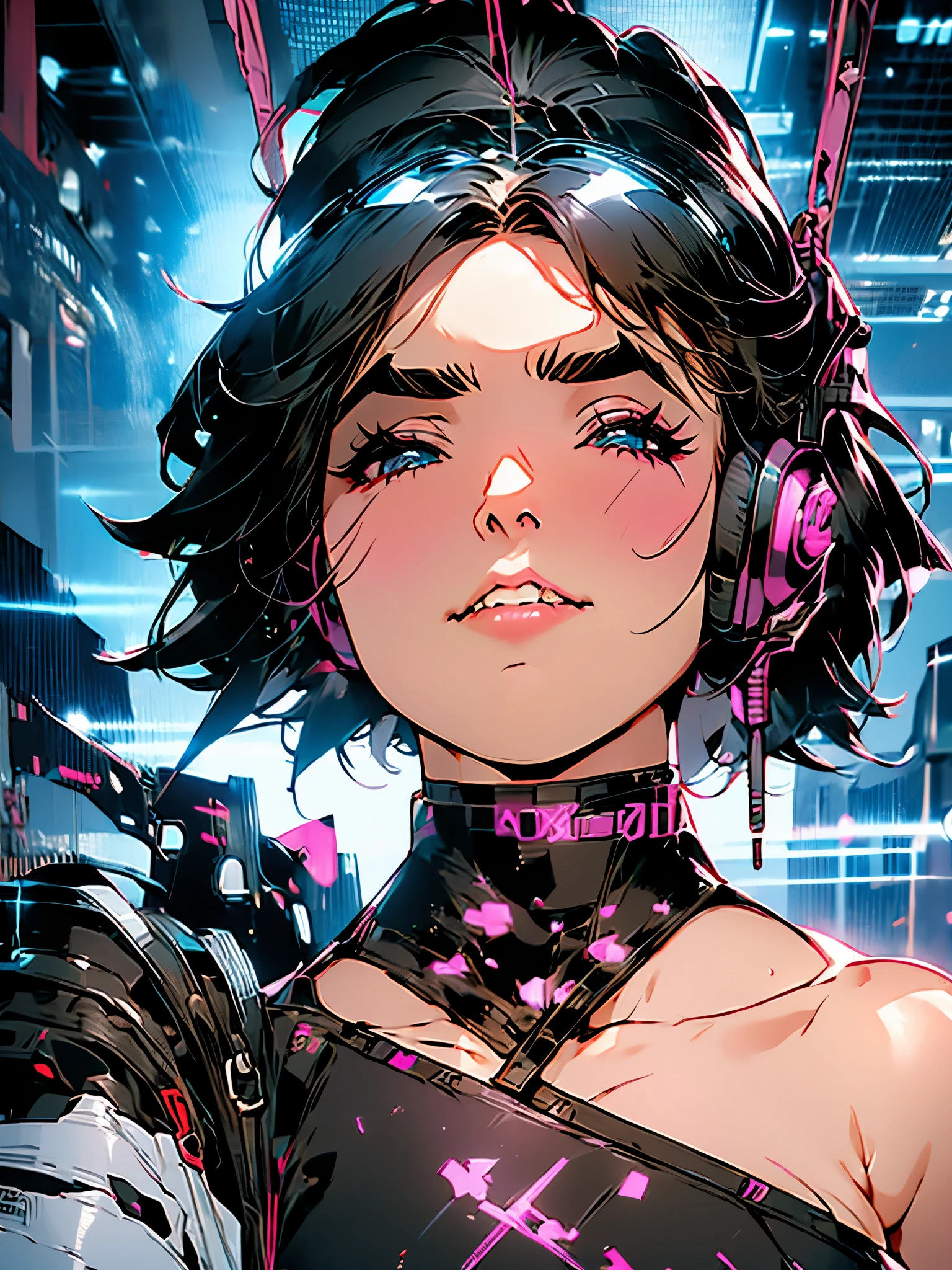 4 cartoon style cards, cyber punk, shorth hair, thick eyebrows, punk digital, 4K anime-style, short sleeve gaming clothes, Bblack hair, Informatics room, hanging gaming headset