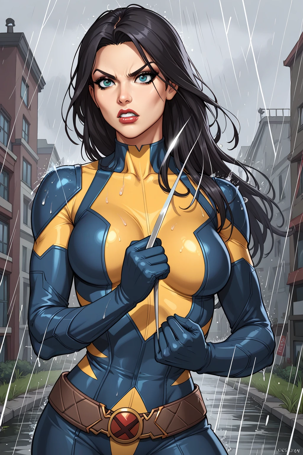 score_9, score_8_up, score_7_up, masterpiece, high quality, BREAK
LraKinyX, long hair, mask, bodysuit, gloves, belt, angry, rain, weapon, claws