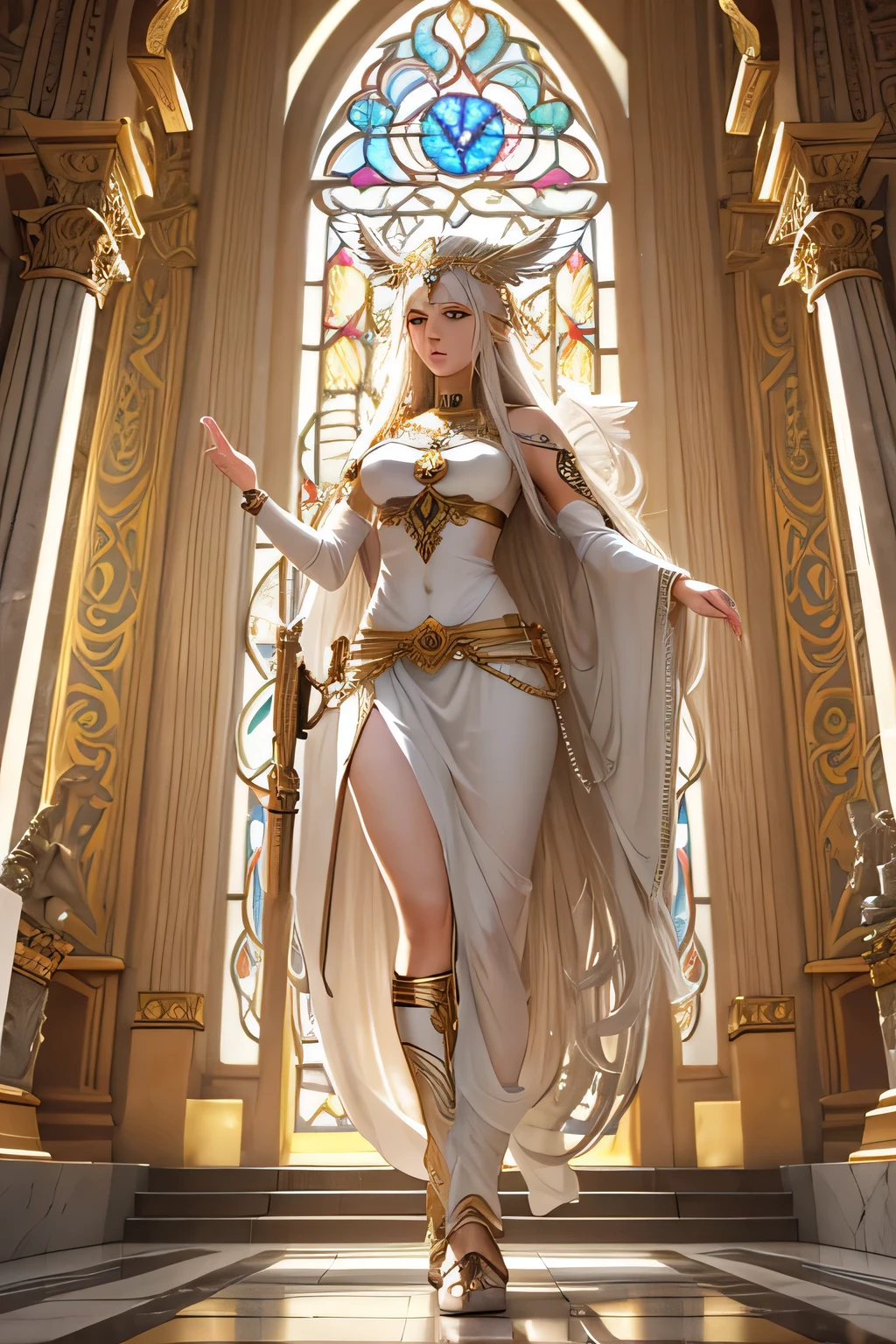 A long white-haired Valkyrie stands gracefully in a magnificent temple, surrounded by divine statues and intricate carvings. The temple is bathed in sunlight, streaming through stained glass windows, casting colorful patterns on the marble floor. She is in deep conversation with the gods, their ethereal forms glowing softly. The atmosphere is serene and majestic, with the grandeur of the temple and the sacredness of the moment emphasizing the Valkyrie's reverence and devotion.
