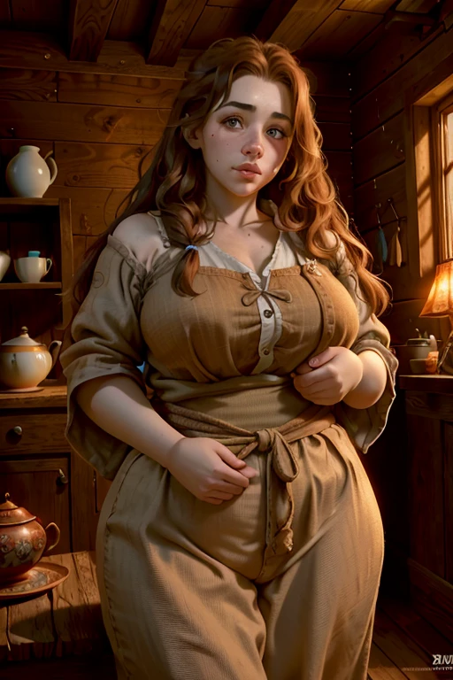 2 chubby female dwarf sisters, long wavy ginger hair, thick eyebrows, dark brown eyes, freckled face, plump lips, round face, wearing modest peasant clothes, large bust, broad hips, innocent gaze, rustic cabin setting, (best quality,4k,8k,highres,masterpiece:1.2),ultra-detailed,(realistic,photorealistic,photo-realistic:1.37),digital art,cinematic lighting,warm color palette,natural textures