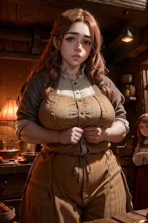 2 chubby female dwarf sisters, long wavy ginger hair, thick eyebrows, dark brown eyes, freckled face, plump lips, round face, wearing modest peasant clothes, large bust, broad hips, innocent gaze, rustic cabin setting, (best quality,4k,8k,highres,masterpiece:1.2),ultra-detailed,(realistic,photorealistic,photo-realistic:1.37),digital art,cinematic lighting,warm color palette,natural textures