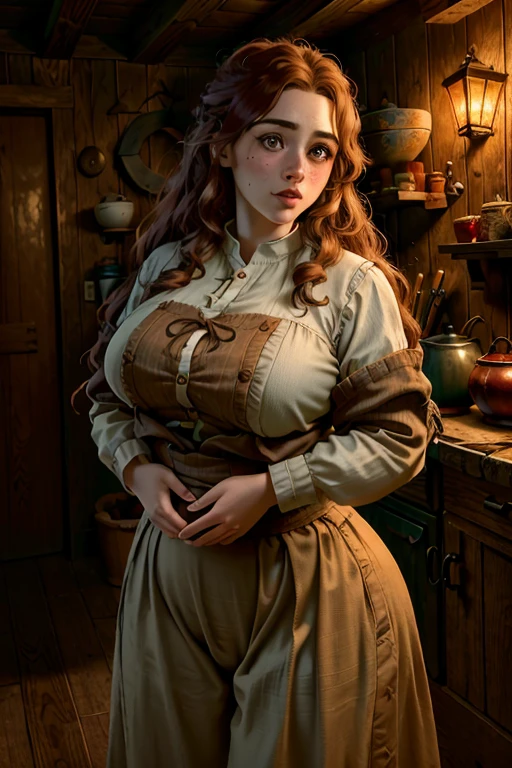 2 chubby female dwarf sisters, long wavy ginger hair, thick eyebrows, dark brown eyes, freckled face, plump lips, round face, wearing modest peasant clothes, large bust, broad hips, innocent gaze, rustic cabin setting, (best quality,4k,8k,highres,masterpiece:1.2),ultra-detailed,(realistic,photorealistic,photo-realistic:1.37),digital art,cinematic lighting,warm color palette,natural textures